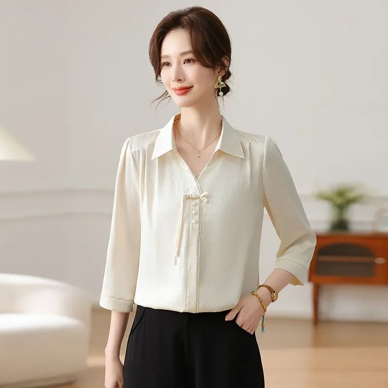 

Женская блузка в китайском стиле с пуговицами и воротником-стойкой, рукав 3/4, повседневная свободная рубашка для ежедневной носки