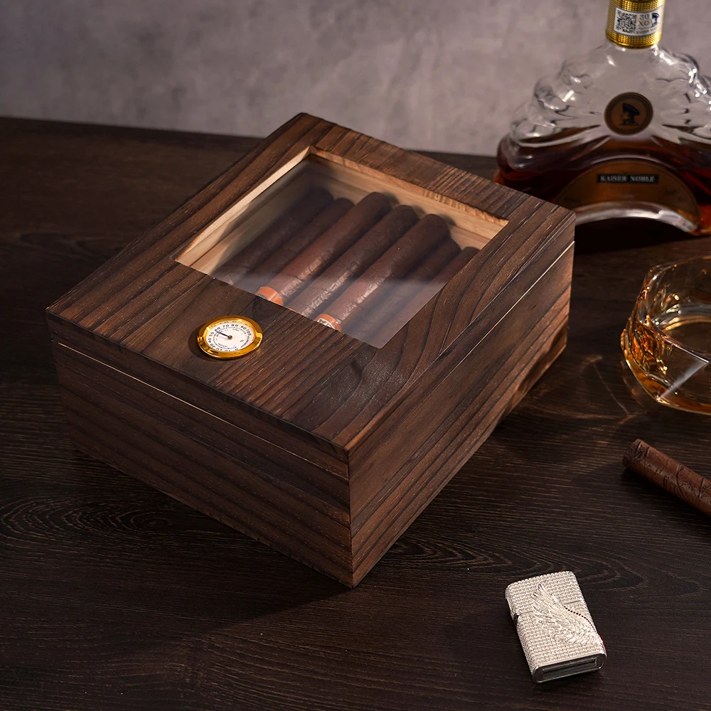 12pcs Carton Specification Free Labeling Service Round Hygrometer Wooden Cigar Box Cigar Humidor Transparent Cigar Storage Box
