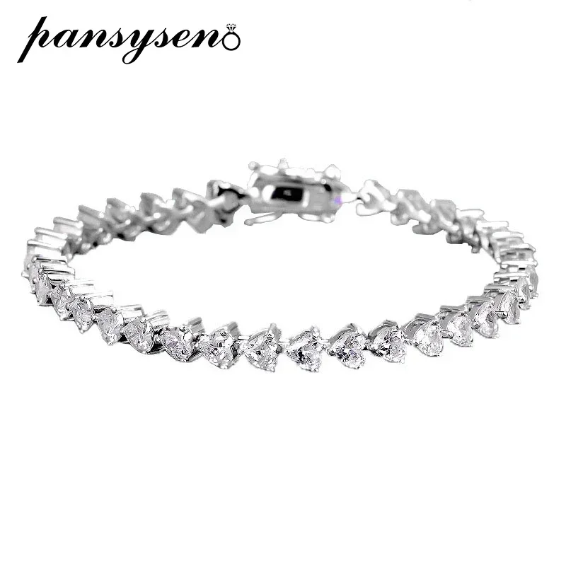 PANSYSEN 100% 925 Sterling Silver 4MM Heart Cut High Carbon Diamond Gemstone Women Chain Bracelet Bangle Wedding Fine Jewelry