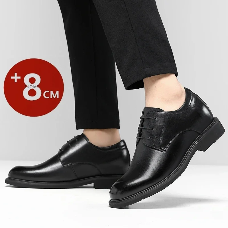 

Men's Cow Leather Invisible Elevator Shoes 3/6/8CM Height Increase Formal Business Oxfords Classic Lace-Up Office Dress Shoes