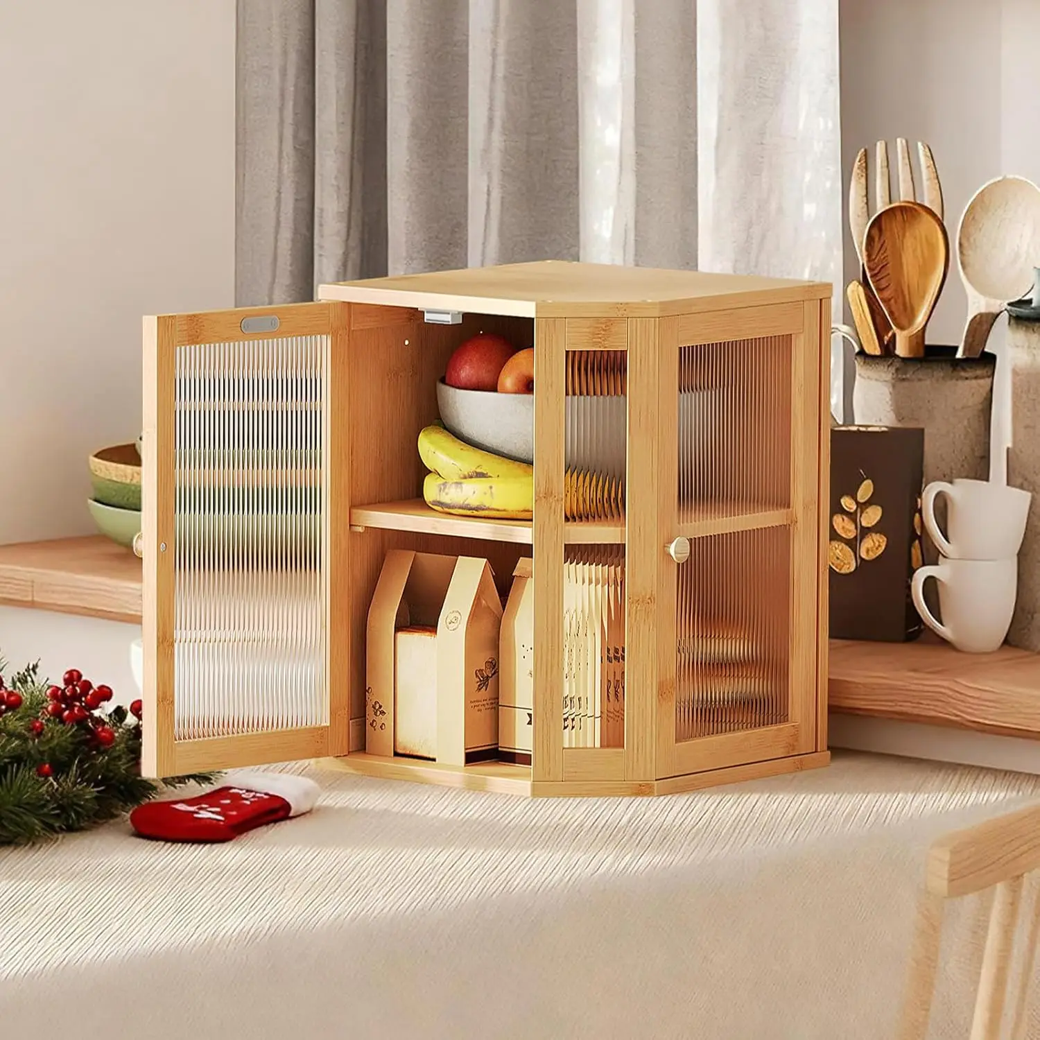 Bamboo Bread Box with Dual Acrylic Doors, 2-Tier Storage for Kitchen Countertop, Large Capacity Food Container