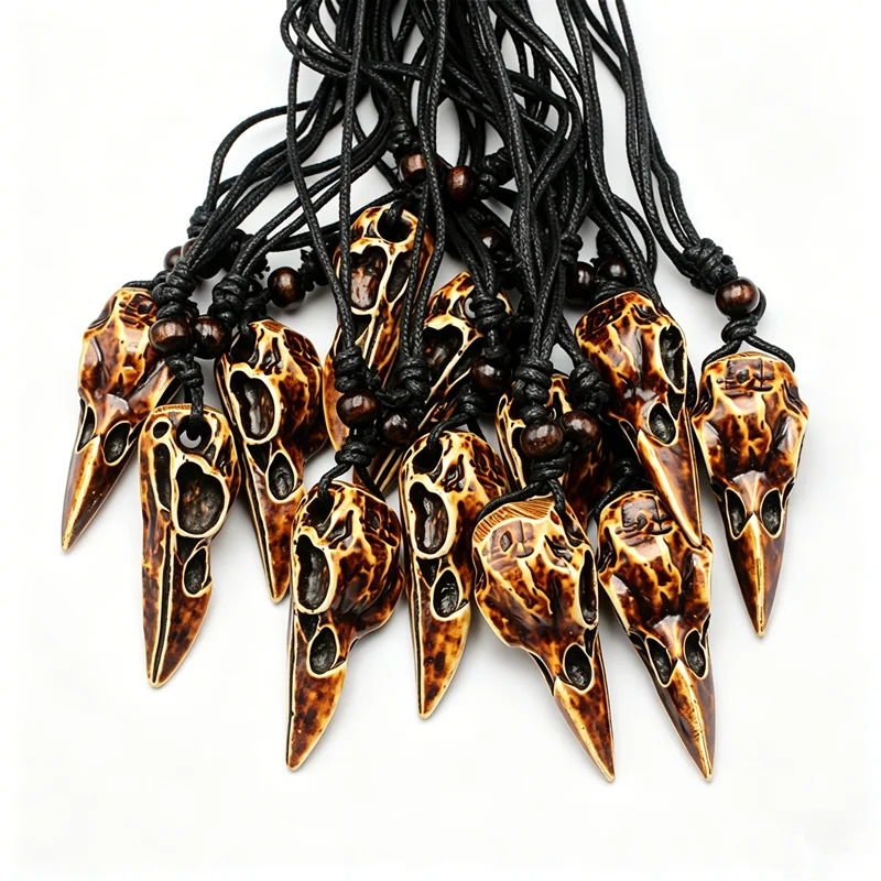 12Pcs Raven Skull Necklace Set - Resin Gothic Crow Head Pendant, 3 Colors Black Cord Adjustable Necklaces