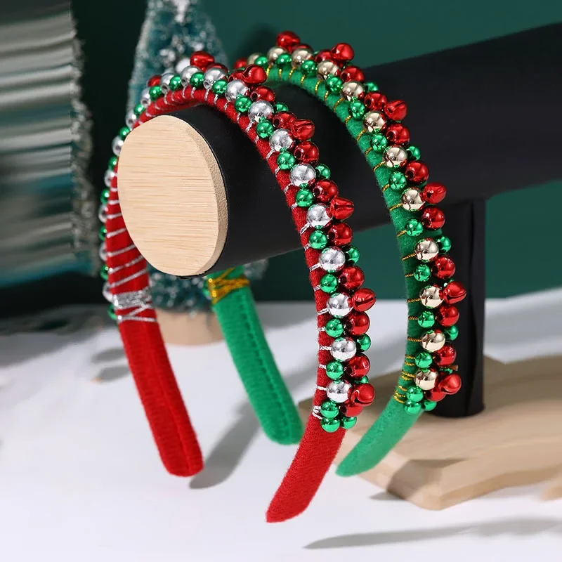 

DS NEW Red Green Christmas Headband Festival Party Bell Bead Hair Band 15CM Large Headband Hair Accessories for Women Girls
