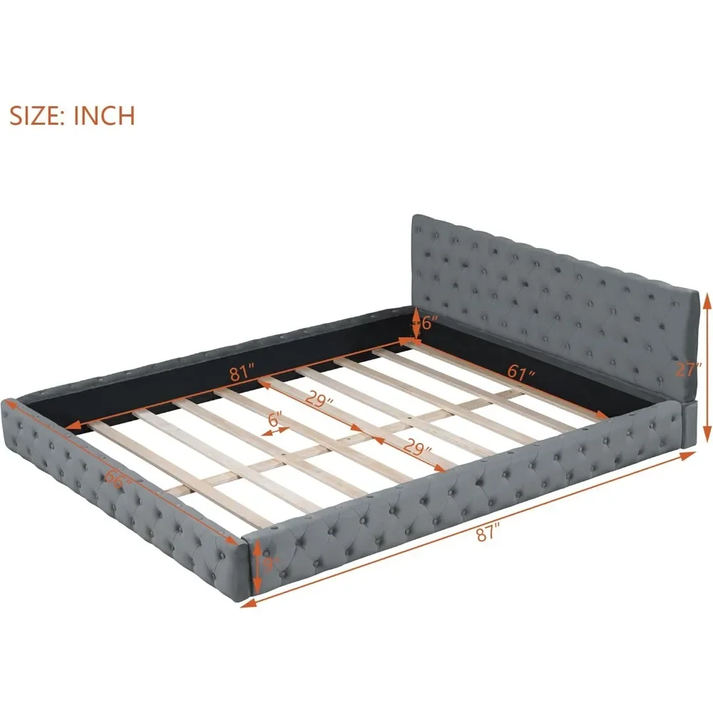 Queen Size Velvet Upholstered Platform Bed, with Luxurious Diamond Grid Headboard