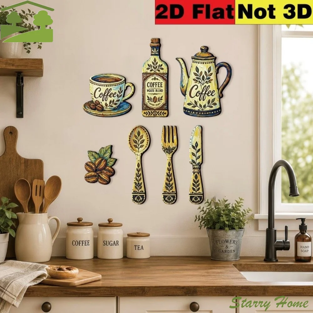 7Pcs Vintage Coffee Utensil Wooden Ornament Coffee Themed Rustic Distressed Coffee Wall Sticker Hangings Spoon Fork Hand-painted