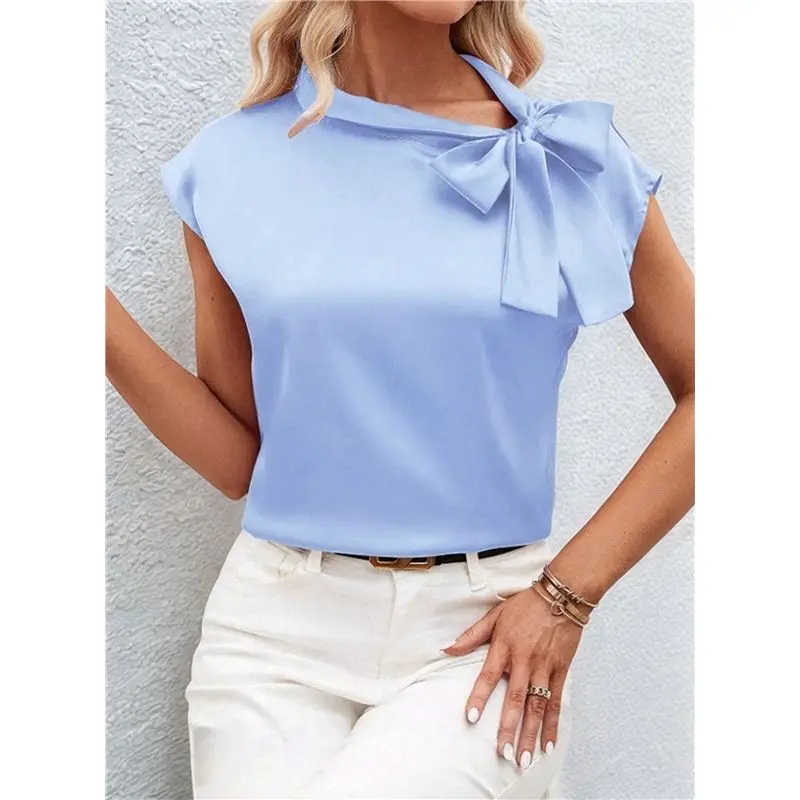 CYL-여성용 보타이 모크넥 캡 슬리브 새틴 블라우스 오피스 셔츠