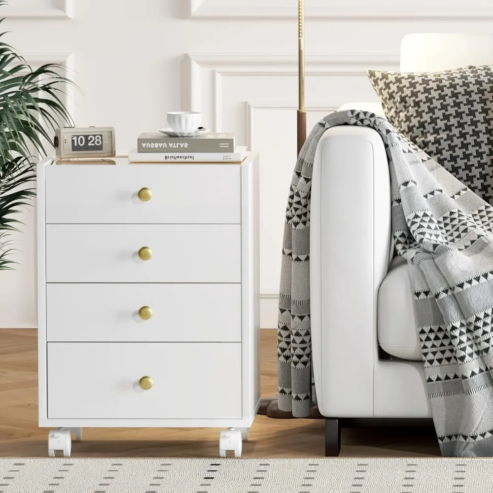 ตู้เก็บของใต้โต๊ะพร้อมลิ้นชัก 4 ชั้น ท็อปกระจก และล้อเลื่อนแบบมีกุญแจล็อค - ตู้เก็บเอกสารเคลื่อนที่สำหรับโฮมออฟฟิศและห้องทำงาน