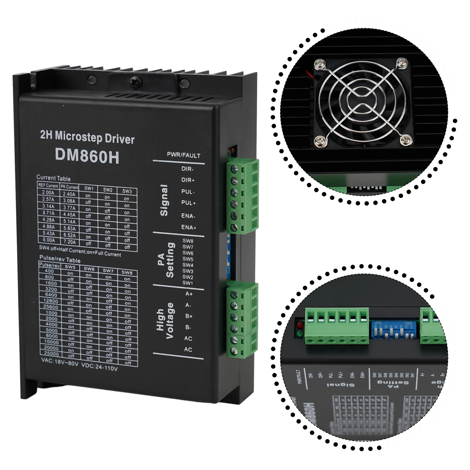 DM860H Digital Stepper Motor Driver DC 24V-110V 2H Microstep-Controller With Fan Compatible For NEMA 23/34 Two/four-Phase Motor