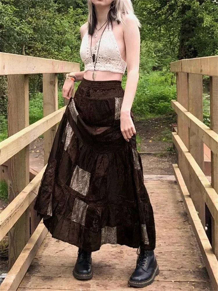 Vintage Printed Women Midi Skirts High Waist Flowy Loose Long Skirt Summer Fall Y2K Gothic Casual Pleated Skirt Female