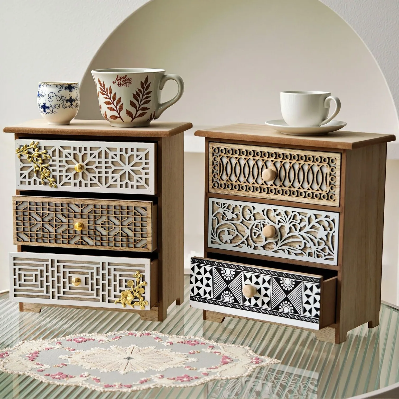 Wooden retro carved openwork desktop storage cabinet with drawers