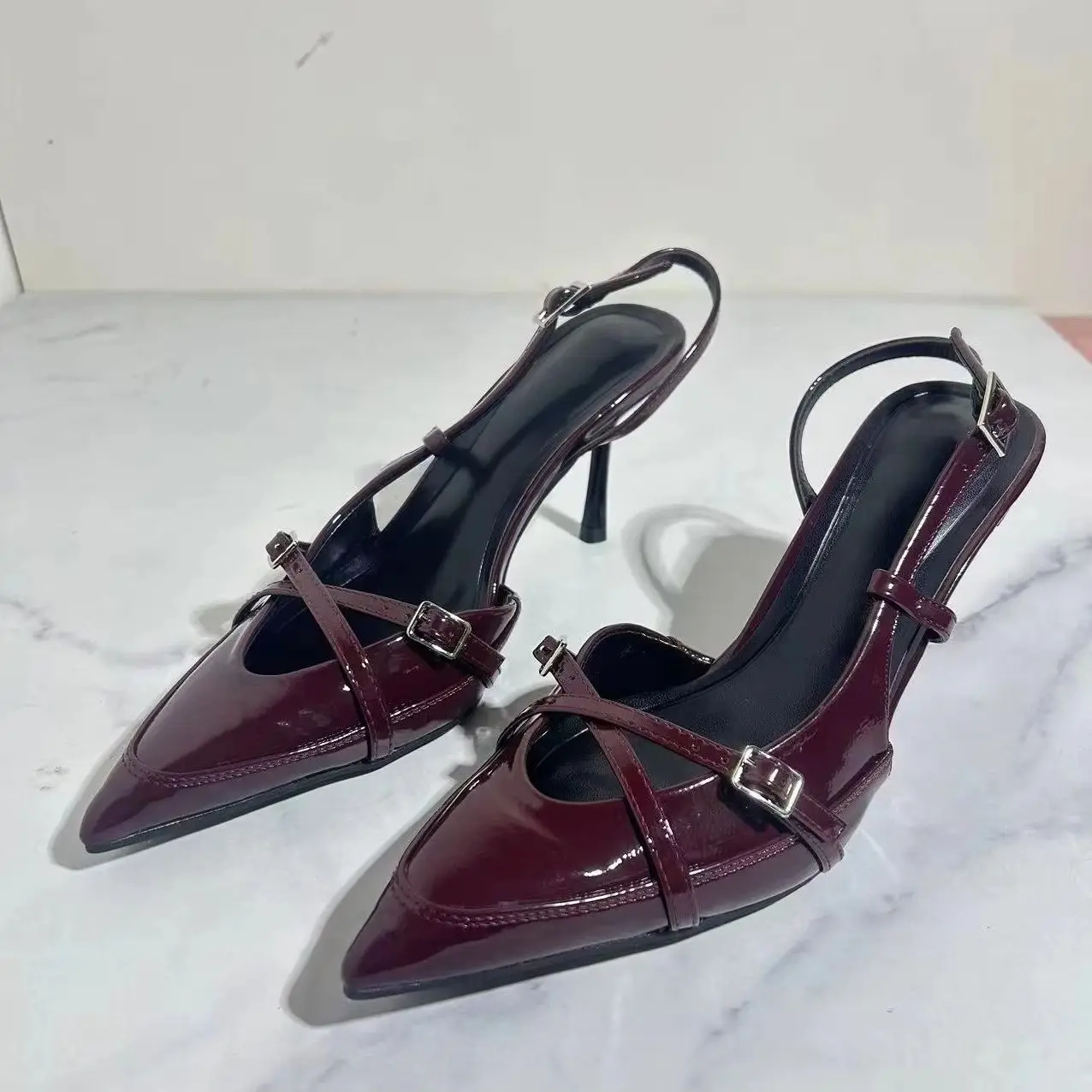 

TRAF Woman Claret Leather High Heels Pointed Buckle Slingback High Heels Pumps 2024 Autumn Elegant Party Woman Heeled Shoes