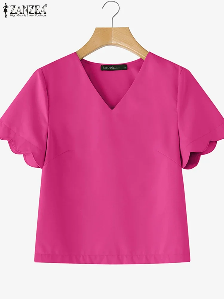 ZANZEA Summer Women Elegant Blouse 2025 Fashion Short Puff Sleeve Shirts Tunic Tops Casual Loose Solid Color OL Blusas Femininas
