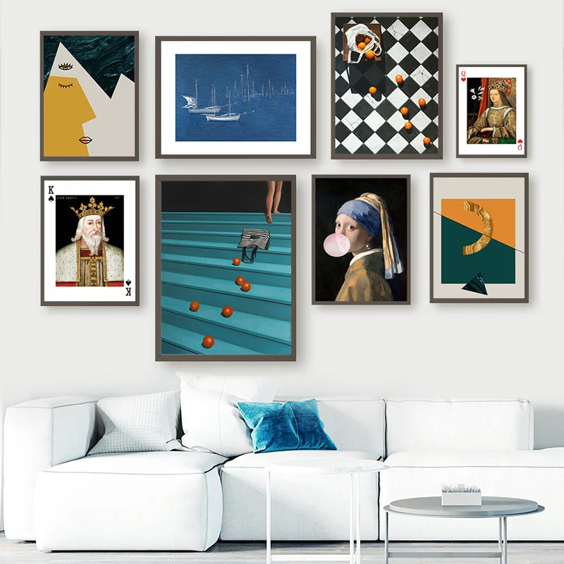 Eclectic Gallery Wall Art Surreal Home Decor Vintage Playing Cards Girl with Pearl Earring Bubble Gum Abstract Art Poster Pri