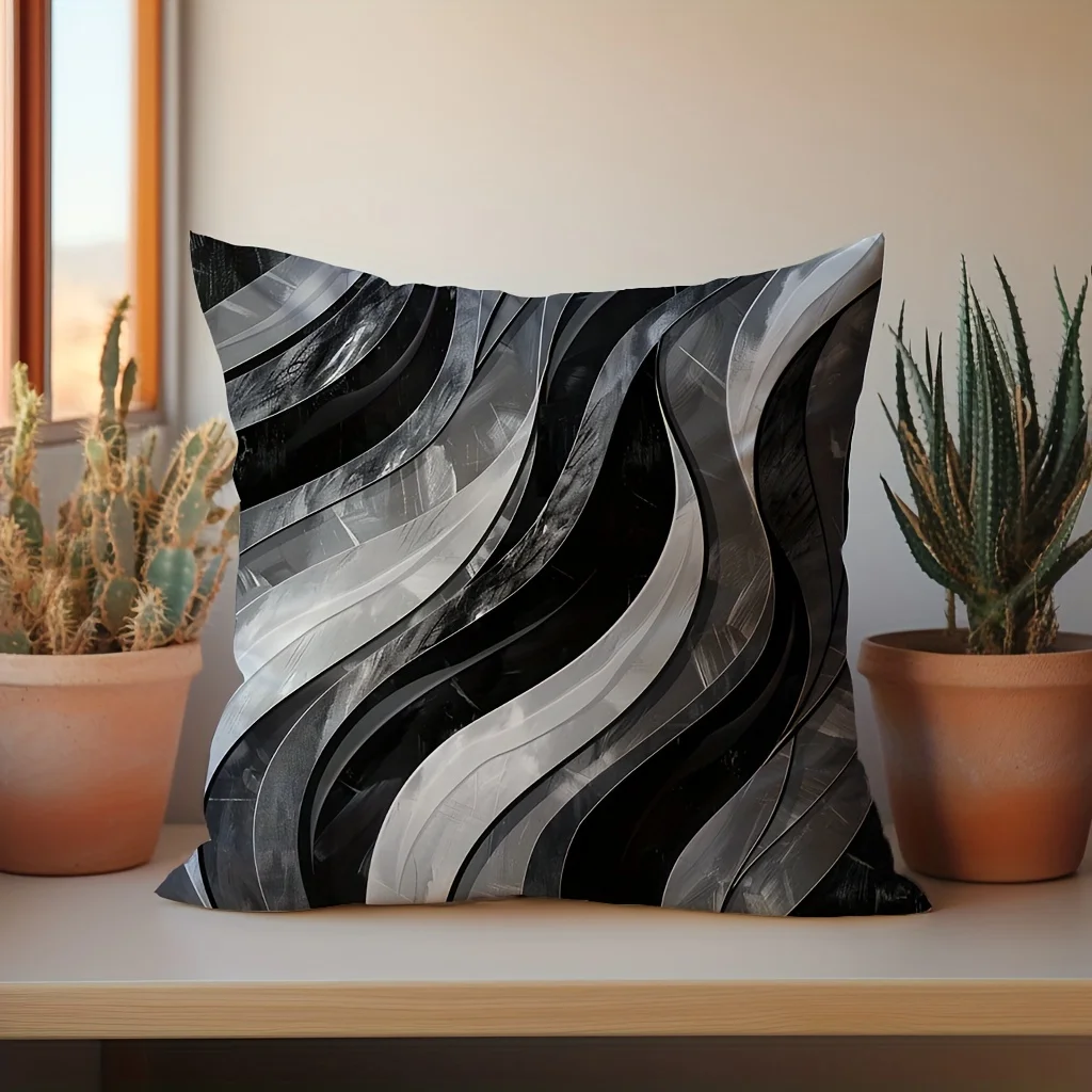 Gray-white Abstract Curved Pattern Pillow Cover Single Piece Decor Pillowcase
