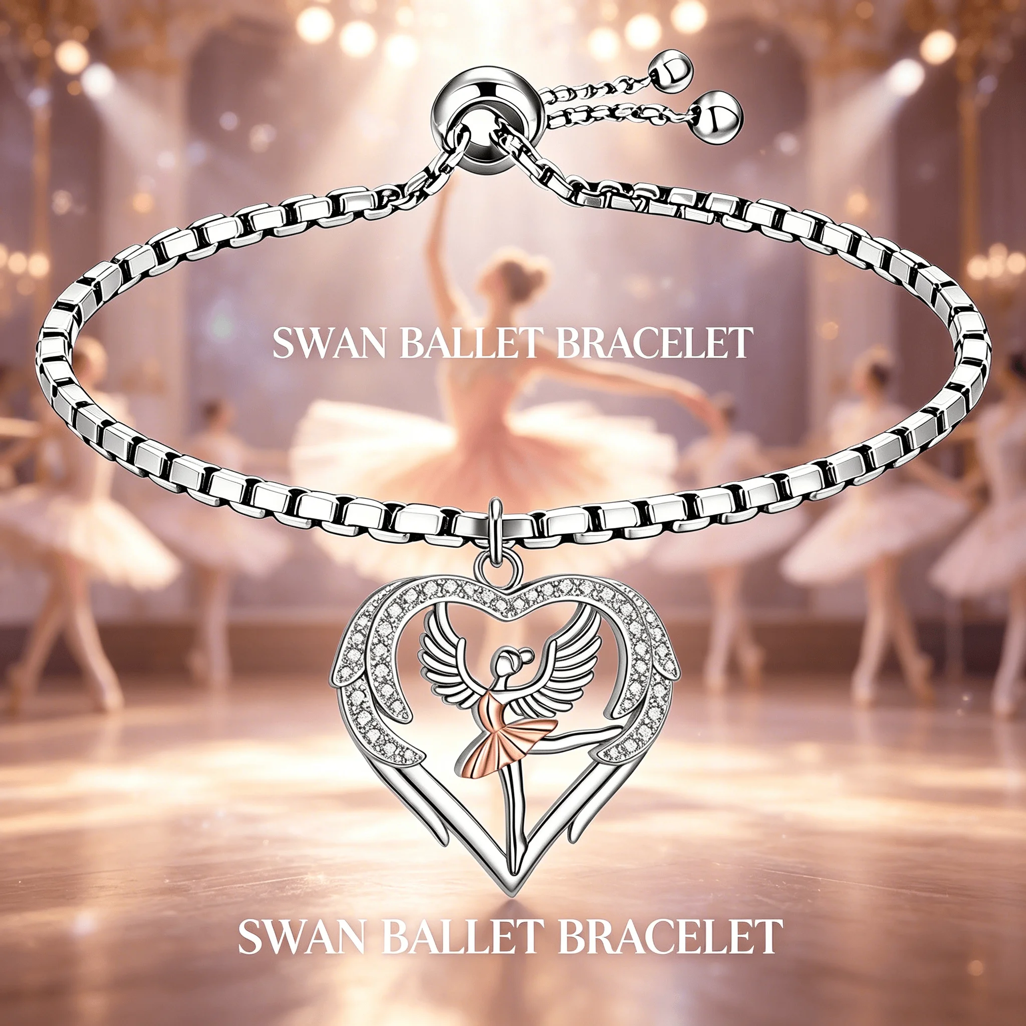 Swan Ballet Heart Adjustable Bracelet Two Tone Silver Rose Gold CZ Inlay Dancer Lover Elegant Women Casual Daily Jewelry Gift