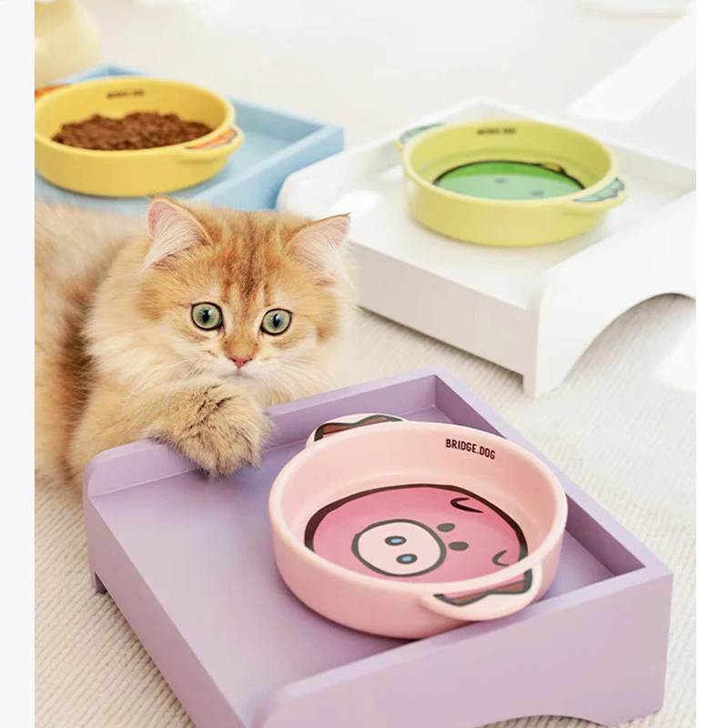 Cat Bowl Ceramic Neck Protector Cute Cartoon Animal Pack Cat Food and Water Feeder