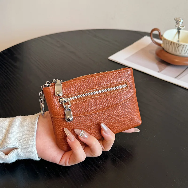 Genuine Leather Women Zip Coin Purse Female Double Layer Card Holder Ladies Mini Wallet Keychain Pouch Small Clutch Bag