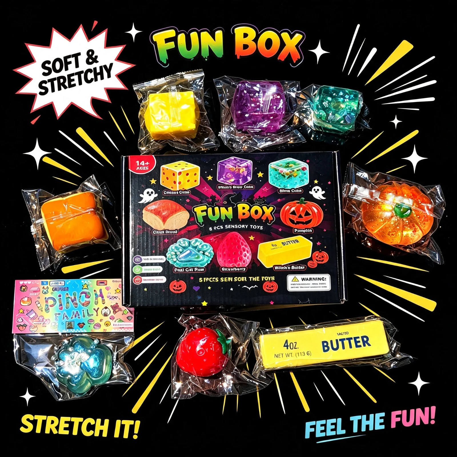 8pcs-halloween-squishy-toys-sensory-fidget-set-stress-relief-slime-cheese-pumpkin-bread-butter-cat-paw-gift-for-adults-kids