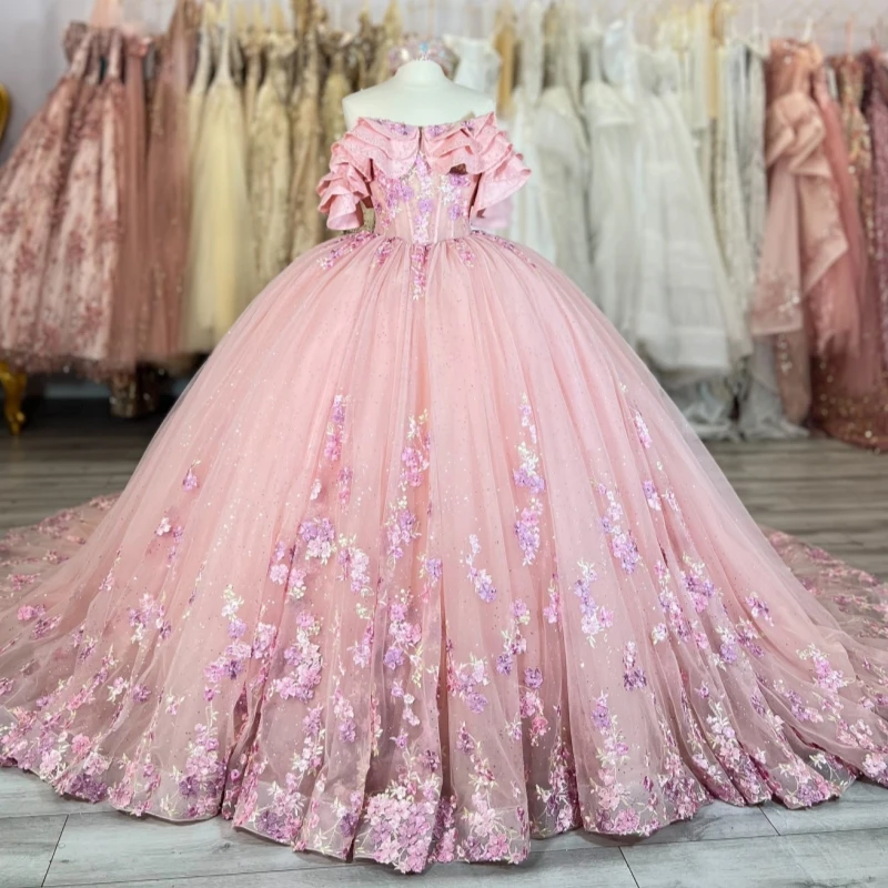 

Розовое блестящее бальное платье Quinceanera, платья с открытыми плечами, аппликация, кружево, бисер, тюль, вечерние, день рождения, сладкое платье 16, Vestidos 15