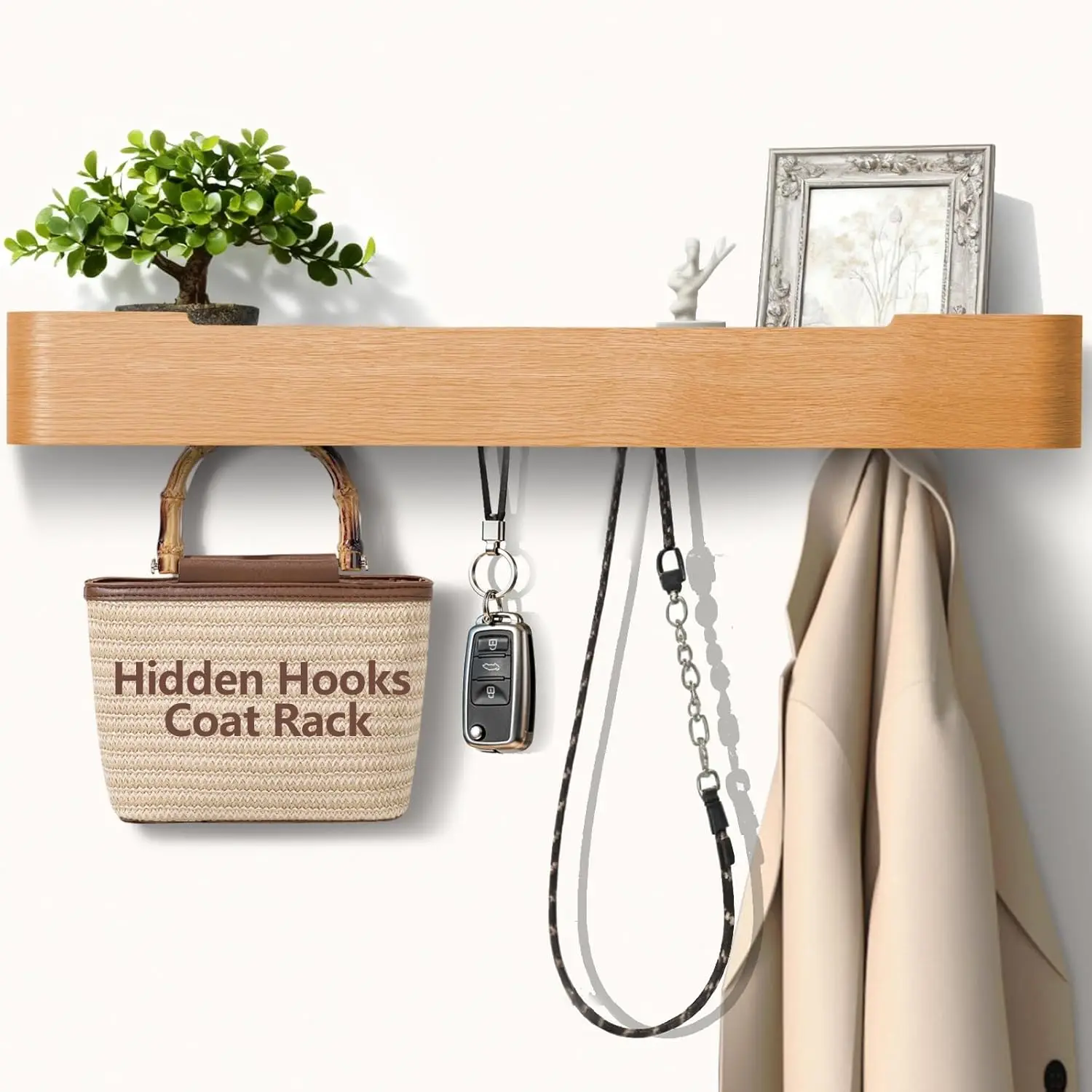 

Modern Wall Mount Coat Rack with Hidden Hooks and Shelf for Entryway, Bedroom, Kitchen, Hallway, Bathroom - Oak Finish