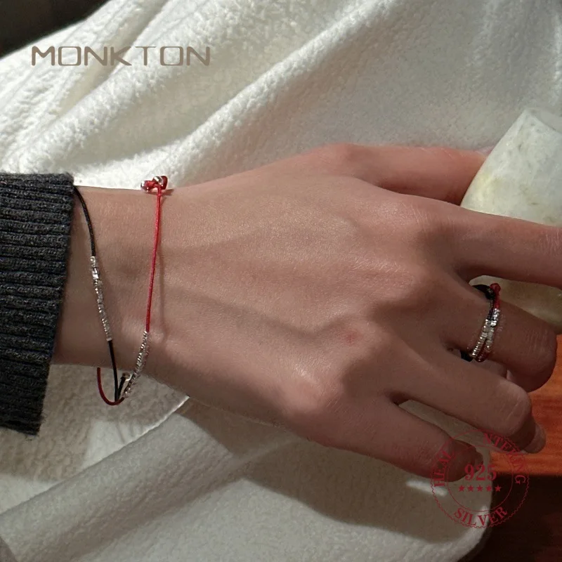 Monkton 925 Sterling Silver Rope Bracelets Silver Bead Simple Thin Red Thread Line String Bracelets For Women Gifts