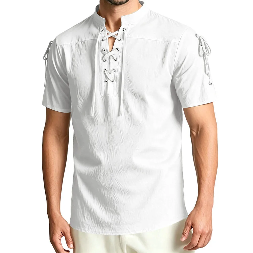 Vintage Short Sleeve Shirt for Men Pirate Lace Up Design Gothic Style Tops Cotton Breathable Stand Collar Male Costume