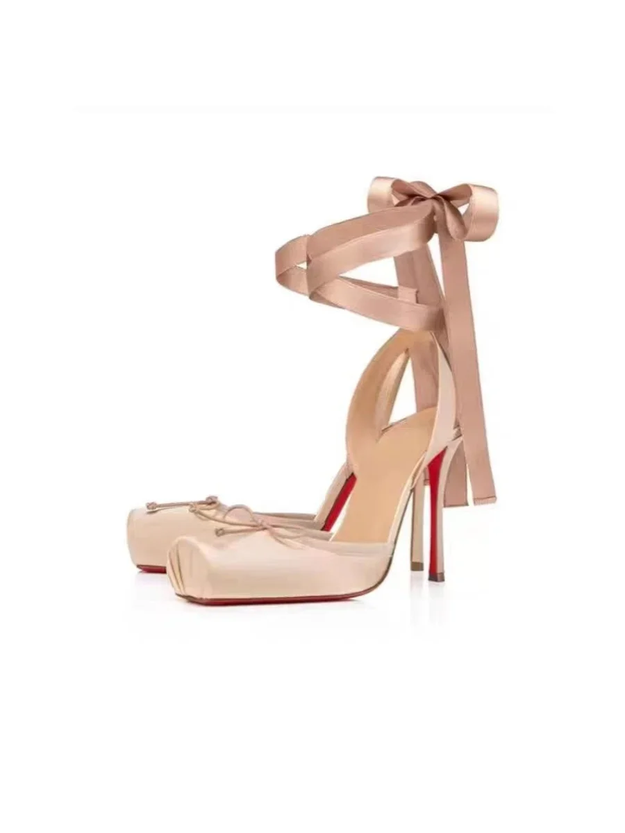 2025 Summer New French Girls' Ballet High Heels Satin Ribbon Ballet Bow Hooded Sandals