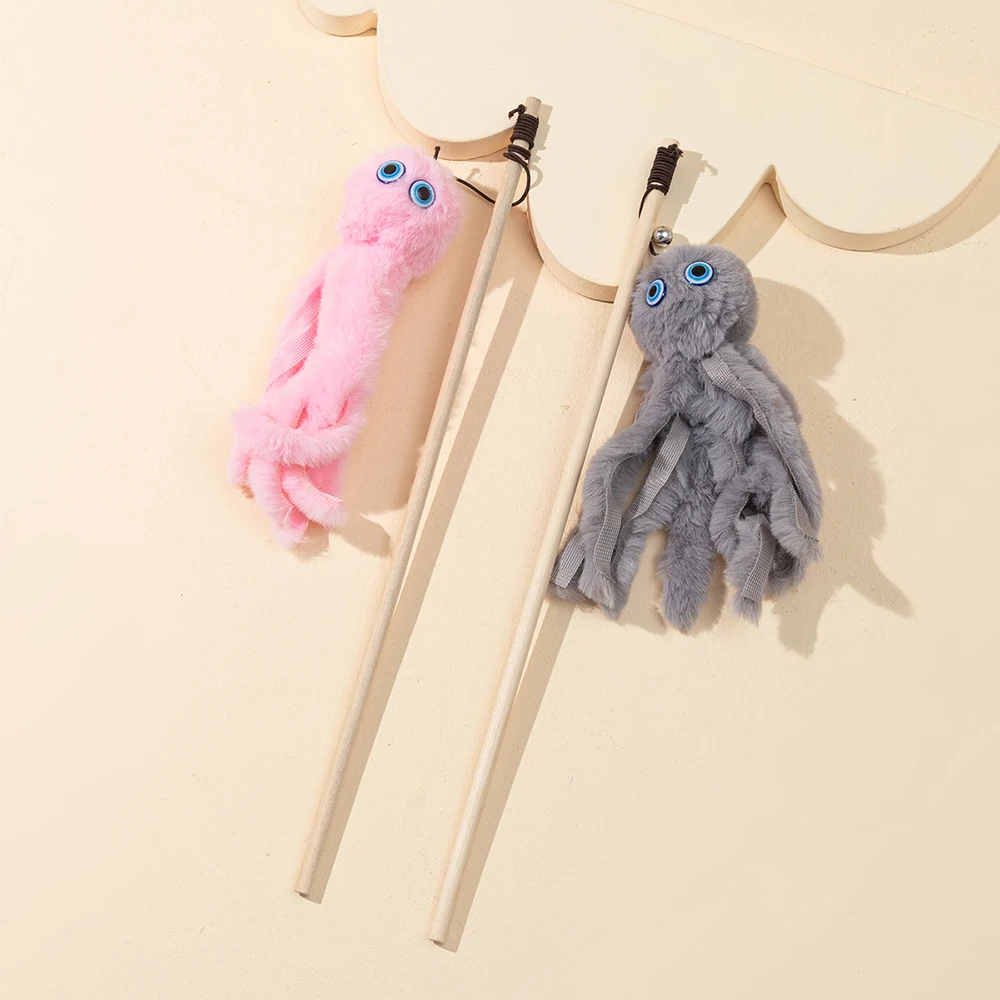 Cat Stick Toy Puzzle Wooden Pole Plush Octopus Funny Kitten Replacement Head Hanging Simulation Cat Toy Biting Chewing Pet Toy