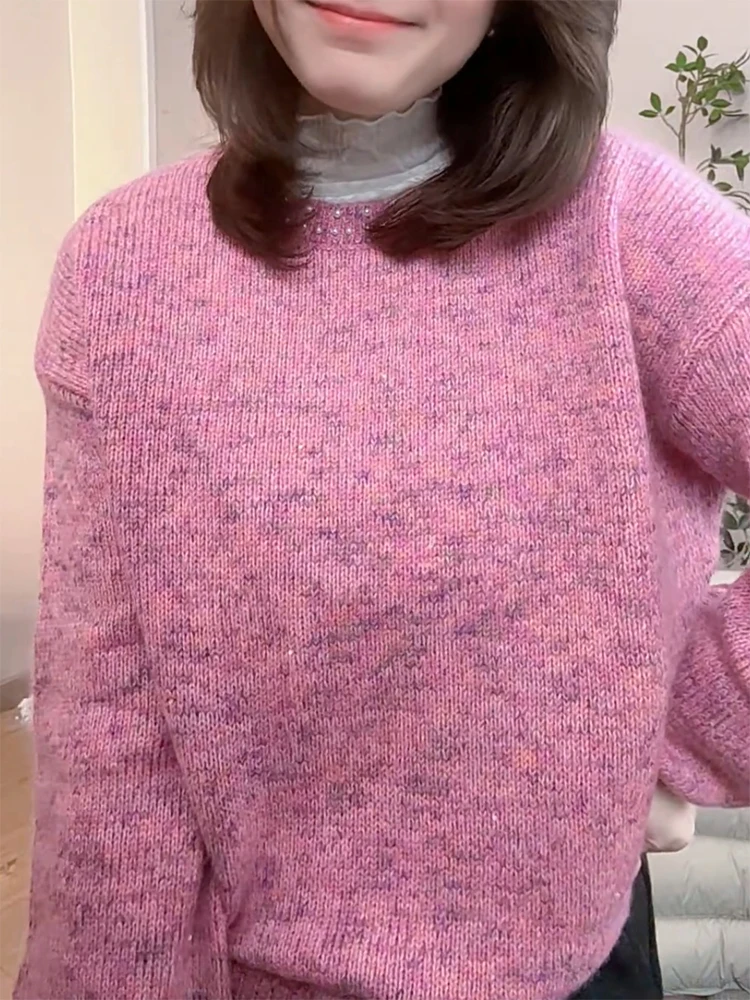 

Корейский мягкий уютный свитер с круглым вырезом, украшенный бусинами, большого размера, универсальный, для осени и зимы