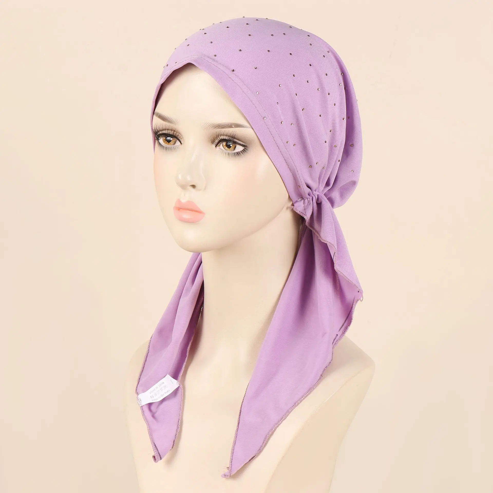 Women Pre-Tied Hat Rhinestone Muslim Inner Hijab Headscarf Long Tail Hair Loss Chemo Cap Bonnet Bandanas Headband Turbante Mujer