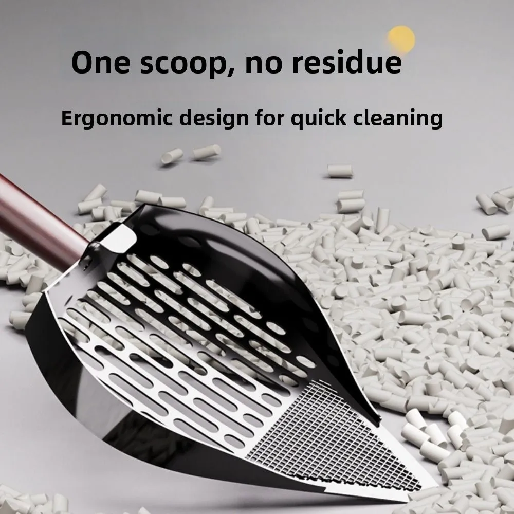 Stainless Steel Cat Litter Scoop Double Sifting Non-Stick Pet Waste Shovel Wood Handle Comfortable Grip Kitten Poop Scooper