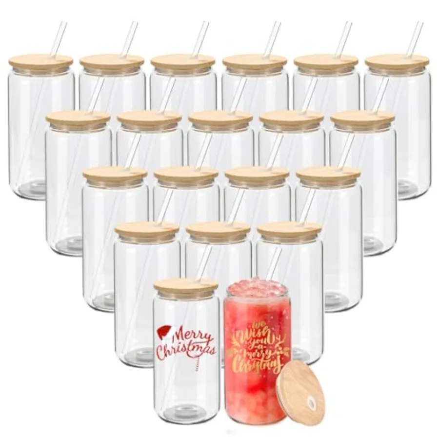 

20 Pack Sublimation Glass Cans Transparent Sublimation Beer Glass Can Shaped with Bamboo Lids Borosilicate Glasses Tumbler Maso