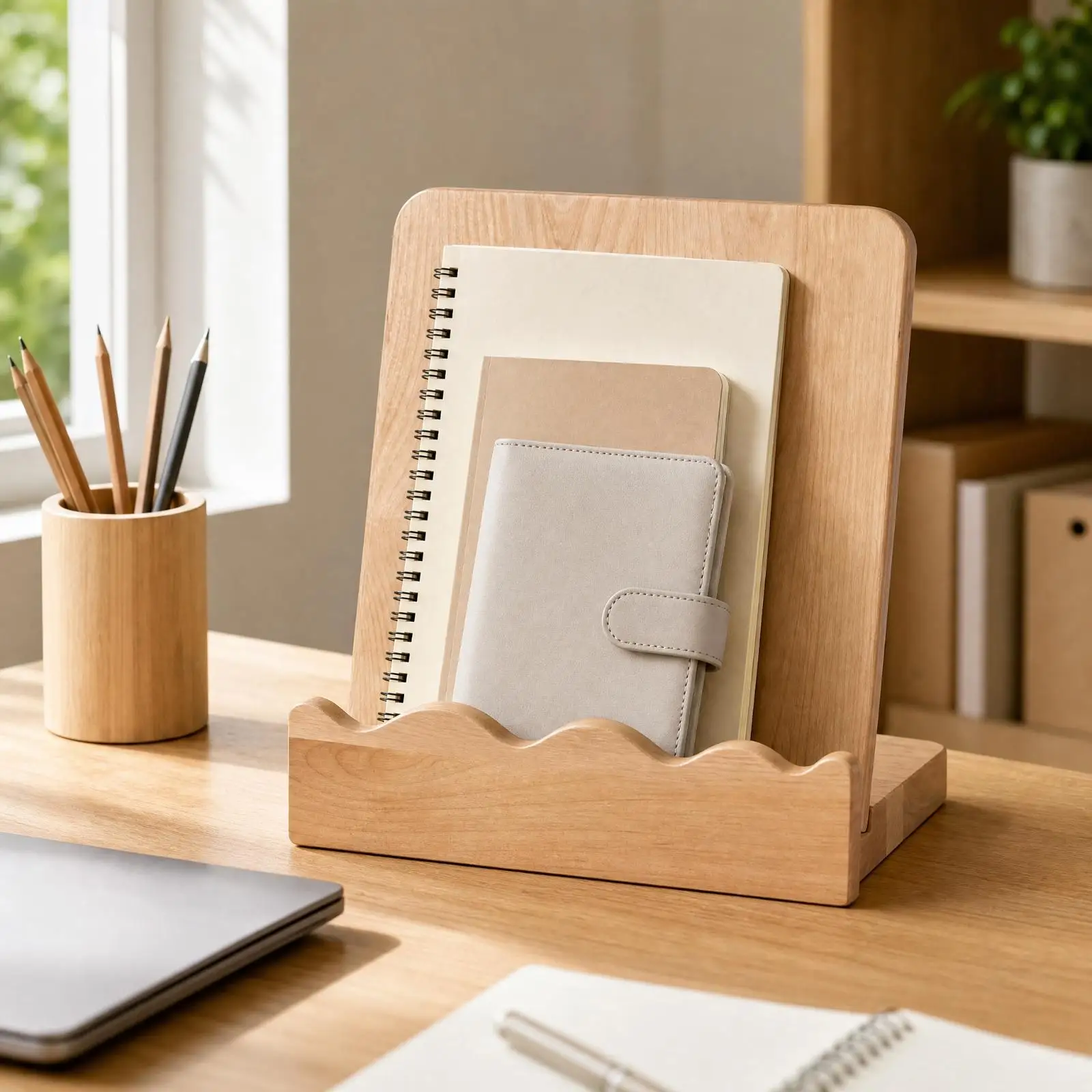 Desk Organizer Shelf Wooden Storage Rack for Countertop Use with Decorative Front Edge