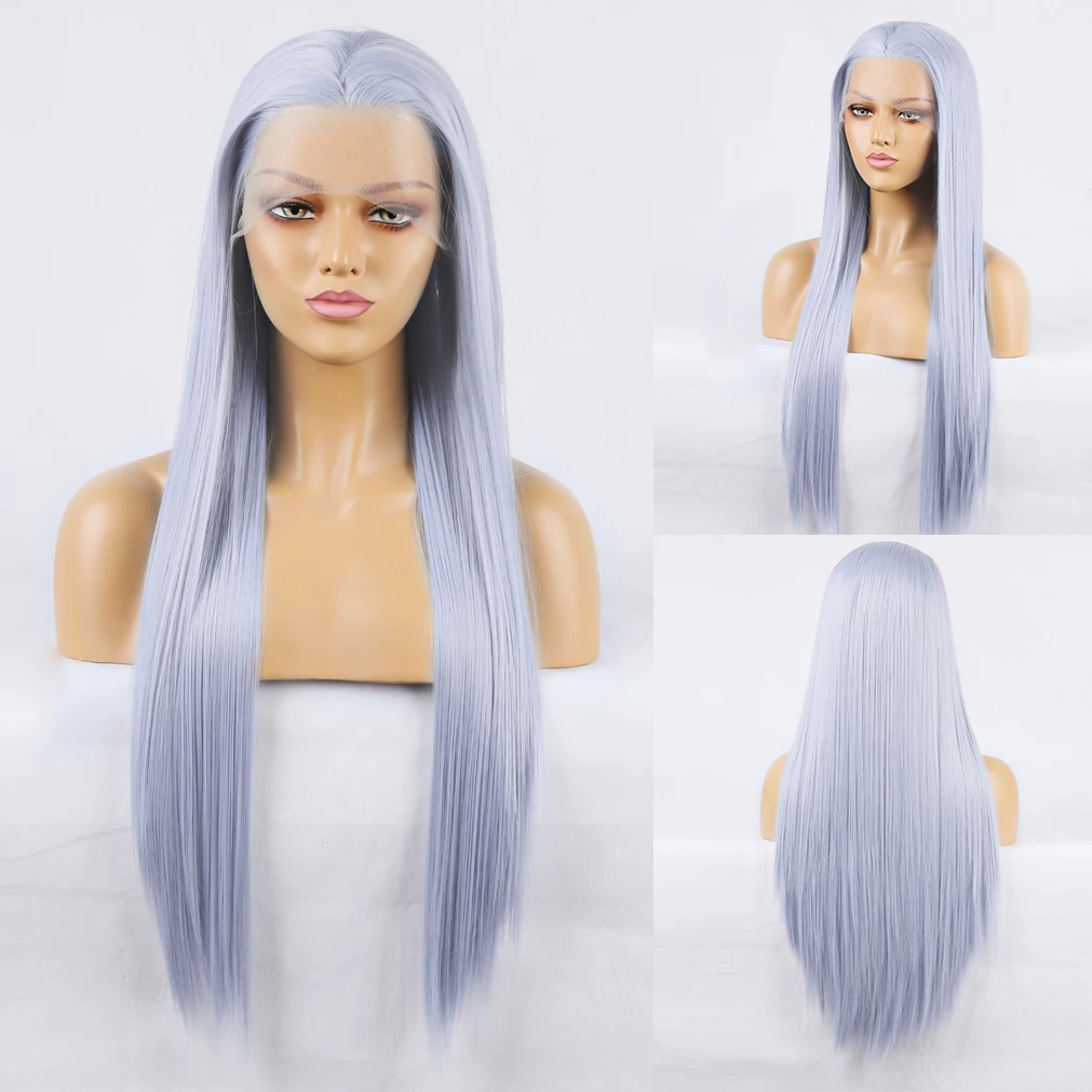 AIMEYA Fashion Long Straight Wig for Women Girls Mint Green Lace Front Wig Heat Resistant Synthetic Hair Light Grey/Blue Wigs