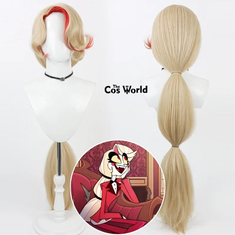 

Hazbin Charlie Morningstar 100cm Long Straight Anime Cosplay Wigs Heat Resistant Fiber Synthetic Hair + Wig Cap
