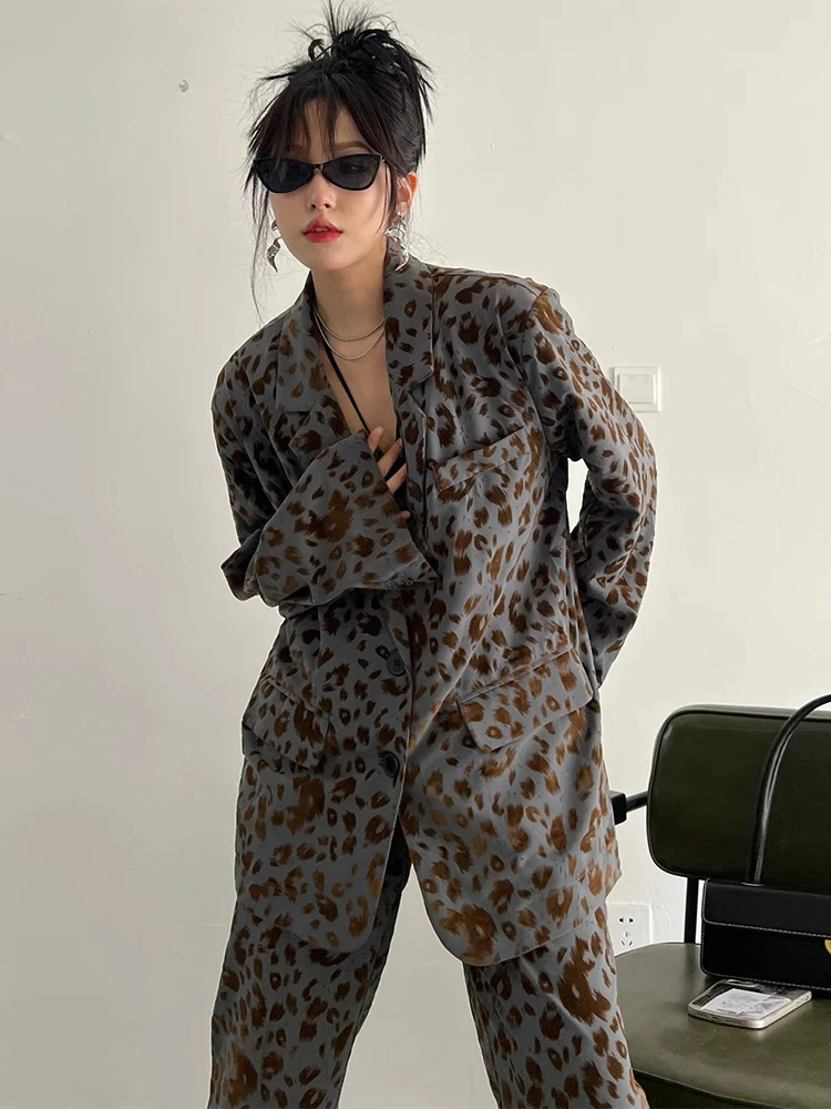 

Two Piece Suit Wide Leg Pants Leopard Print Big Size New Lapel Long Sleeve Women Fashion Tide Spring Autumn 2024