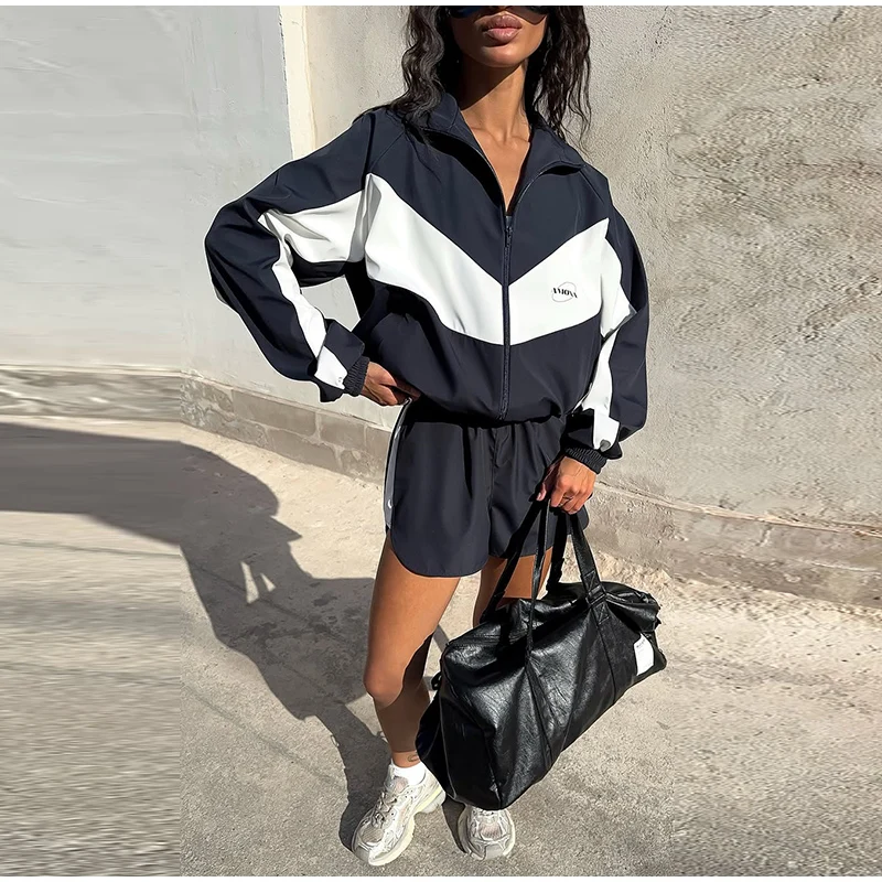 Farbblock-Zweiteiler mit Reißverschluss, Langarm-Stehkragenjacke, Sportshorts mit elastischem Bund, Damen 2026 Sommer Casual Chic Sets – Detail 17
