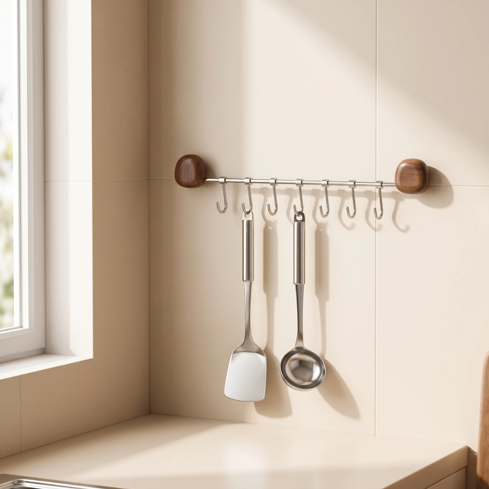 Wall-Mounted Hook Rack with Eight Hooks Space-Saving Stainless Steel Utensil Rack with Wood End Caps Organizer Long-Lasting
