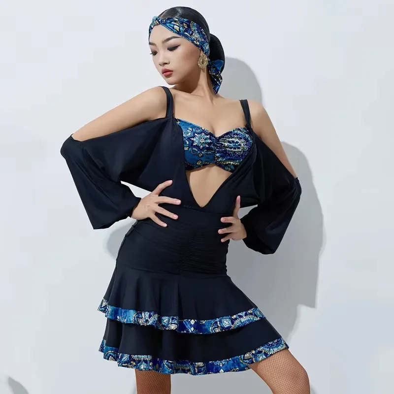 Costumi di performance di danza latina di fascia alta per le donne Scavato Top Gonne divise Vestito Samba Chacha Vestito da palcoscenico latino DN19284