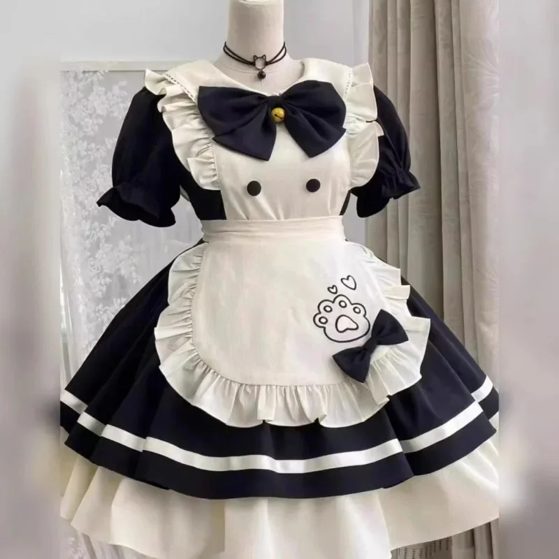 Robes de demoiselle d'honneur avec nœud Kawaii Lolita, avec tablier imprimé patte, tenue de Cosplay douce de Style japonais pour fille, Costume Anime doux à manches courtes, nouveau