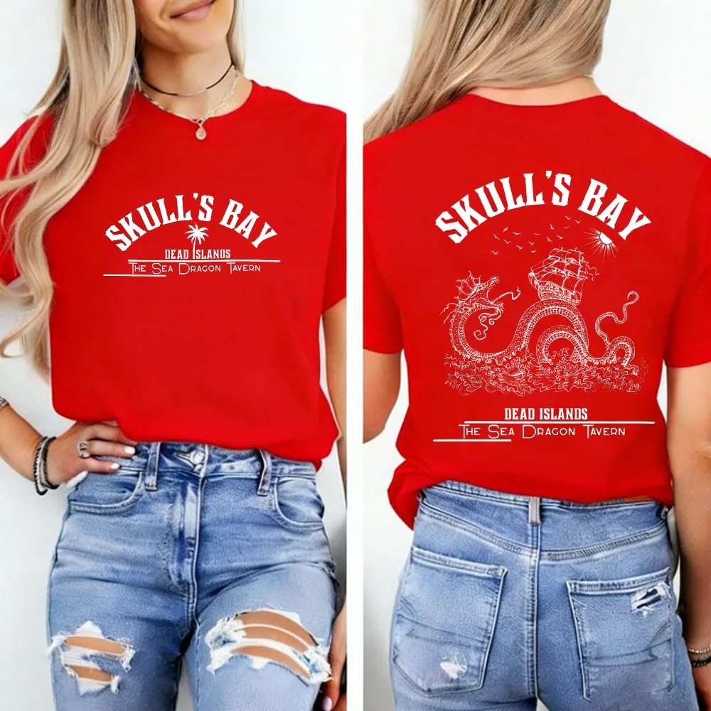 Women Double Sided Print T-Shirt Skull's Bay Sea Dragon Tavern Graphic Tee Vintage Sea Monster Pirate Ship Casual Bookish Tops