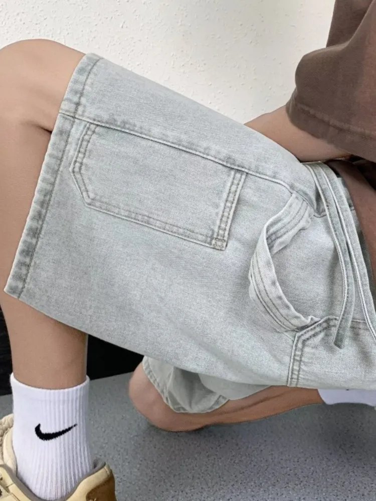 

Washed Denim Short Pants Men Summer Thin Loose Five-Point American High Street Straight Leg Casual Mid-Length Jeans