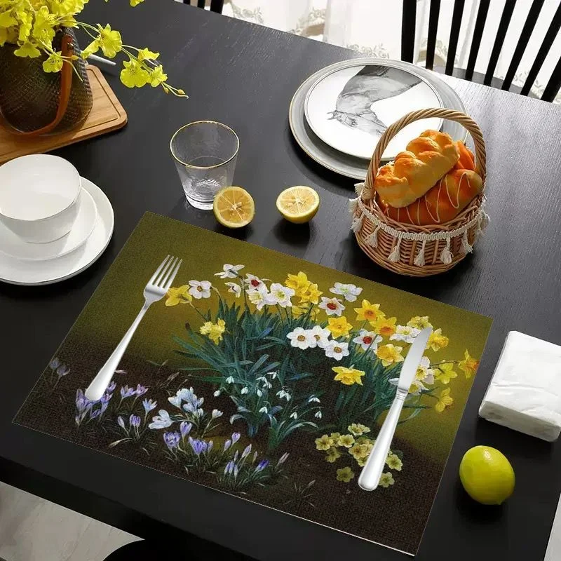VIKAMA Placemat White Pink Floral Art Print, Waterproof Oil-Proof Heat-Resistant Dining Table Mat for Home