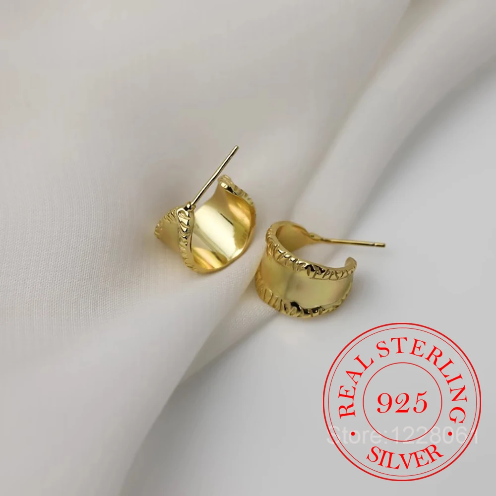 

925 Sterling Silver Jewelry 18K Gold Plated Wide Geometric Stud Earrings for Women Wedding Party Jewelry for Girls Friend Gift