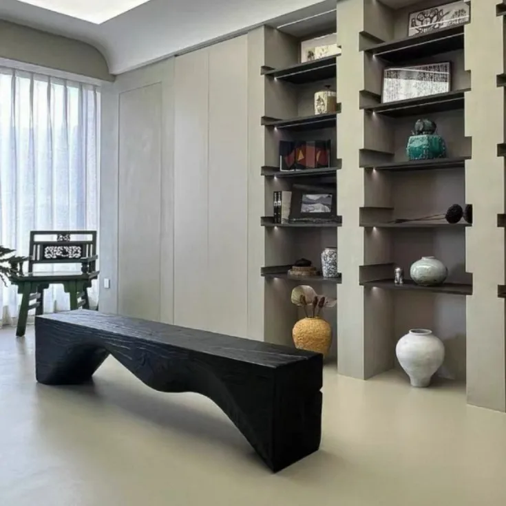 Carbonized wabi-sandy wind solid wood bench homestay designer creative hotel log rest bench TV cabinet shoe changing stool