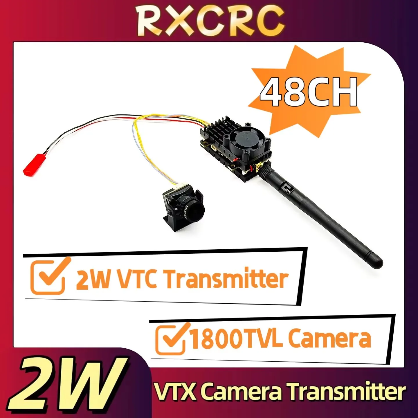 RXCRC Long Range 5.8G 48CH 2W FPV Wireless VTX Video Transmitter 2000mW and 2.1mm CMOS 1800TVL fpv camera for RC Playing Par