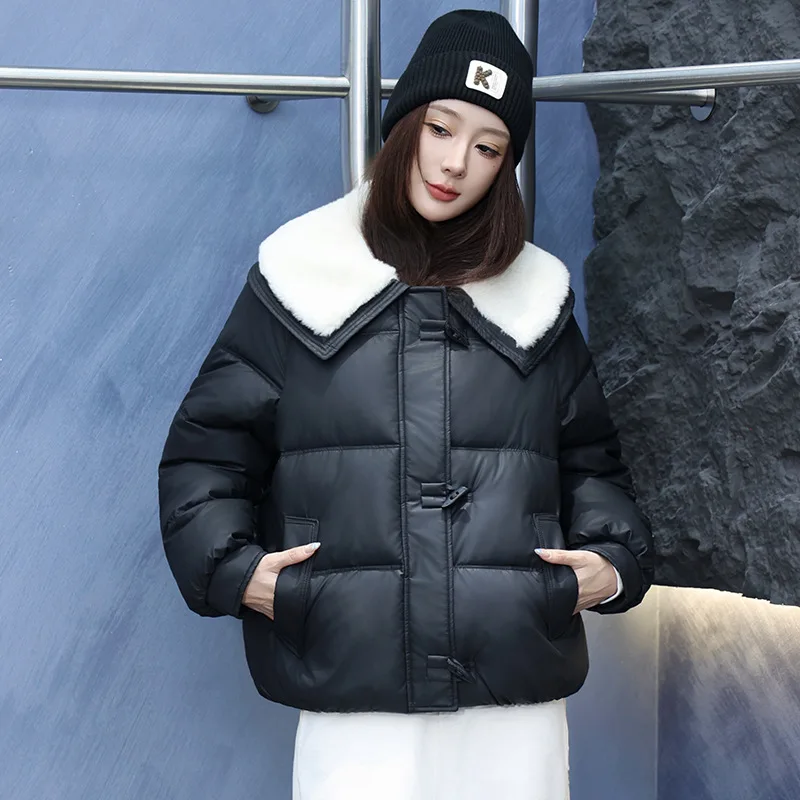 2026 Fashion Winter Down Cotton-padded Jacket Women's Short Parkas Lambswool-necked Coats Student Thicken Warm Loose Outerwear