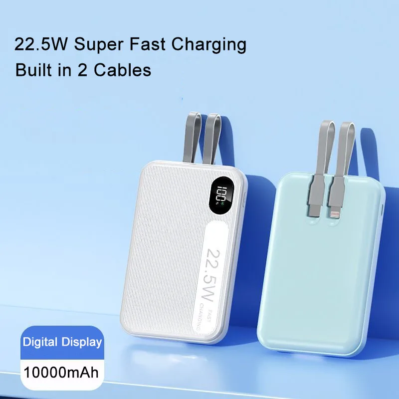 

Power Bank 10000mAh 22.5W PD20W Fast Charging Powerbank Portable Charger Built in Cables External Battery Pack for iPhone Xiaomi