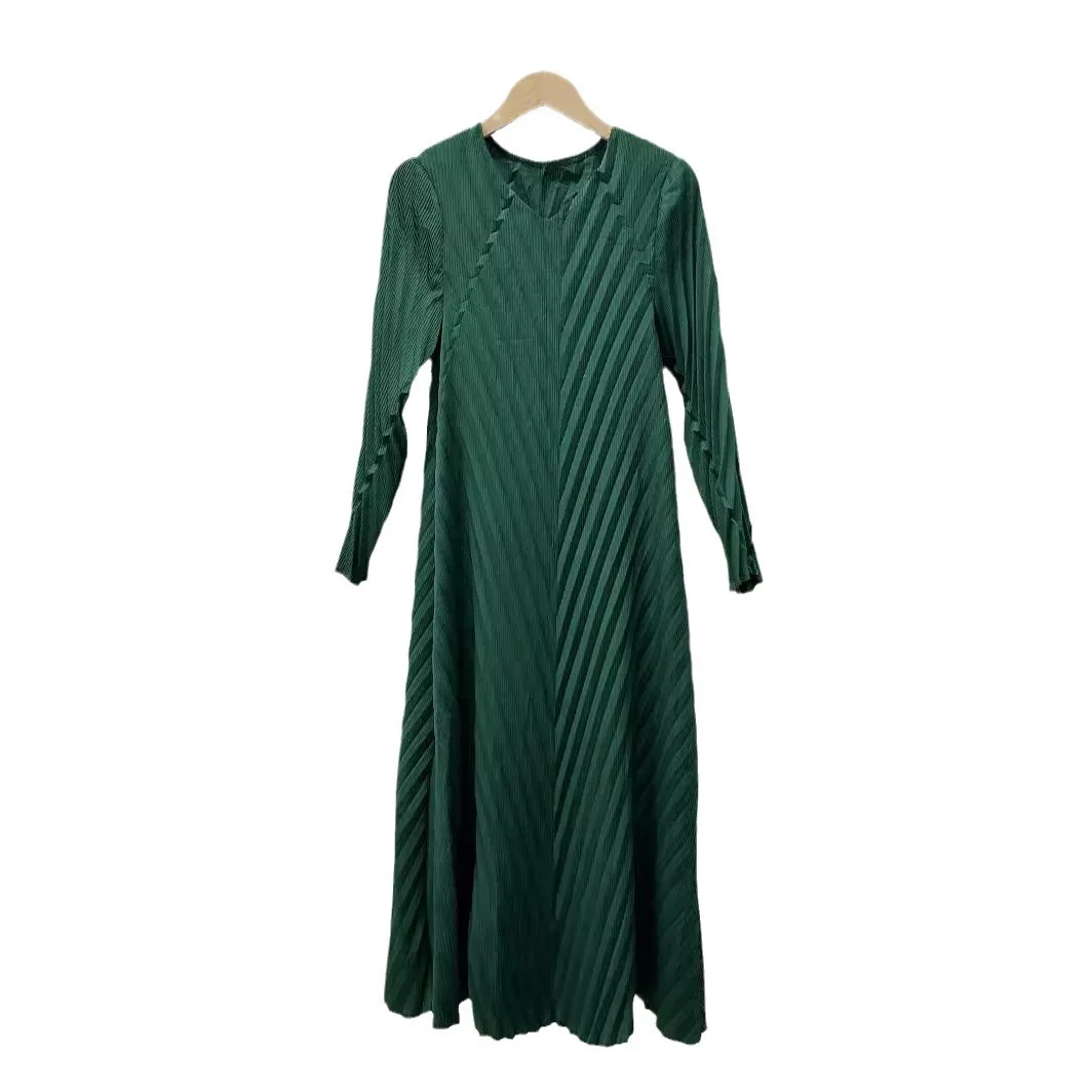 Pleats Original Dress Casual Diamond Pleated Solid Mature Long-sleeved Elegant Dress Women Long Dress Temperament Commuter Skirt