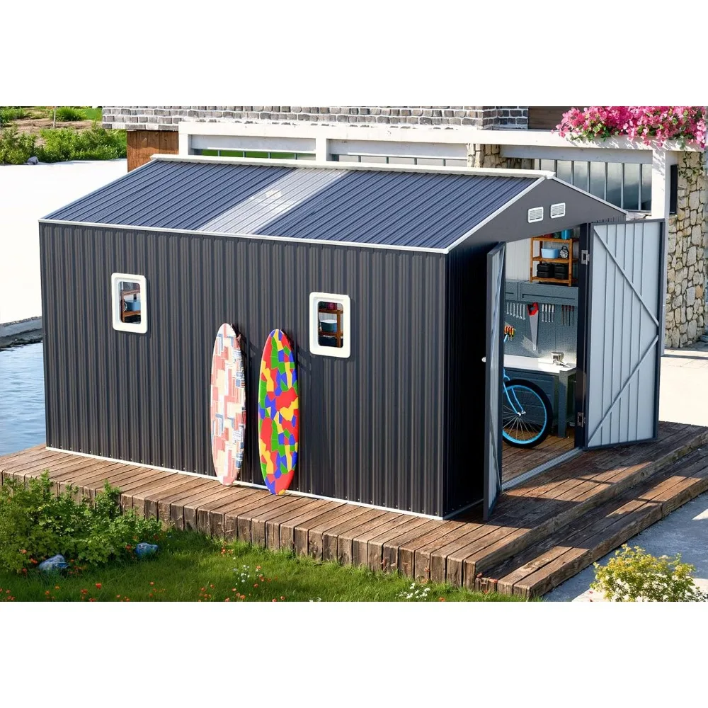 

Large Outdoor Storage Shed - 10x12 FT, Clear Roof Windows, Air Vent, Door for Garden, Patio, Lawn, and Backyard